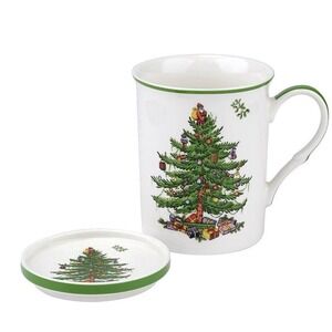 Spode Christmas Tree Mug Coaster Set 14oz Holiday Coffee Cup Boxed Gift